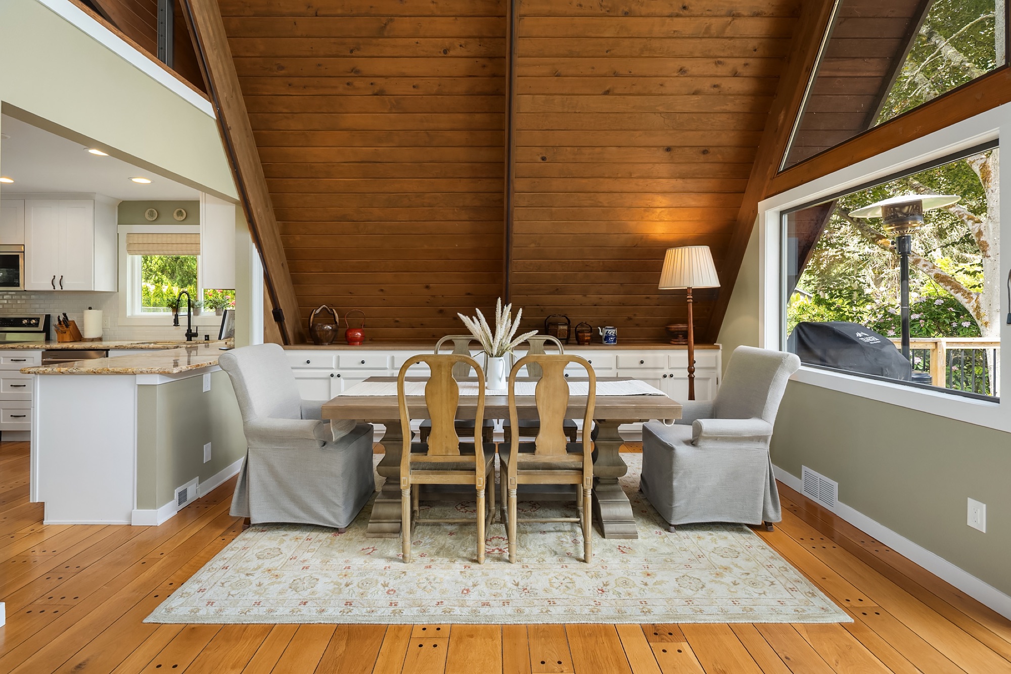 Dining beneath the A-frame ceiling